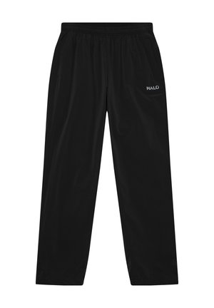 Zwarte rechte broek met elastische tailleband, zijzakken en wit "HALO"-logo op het rechterzakgebied.