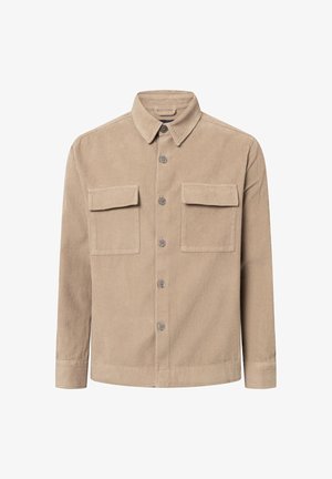 Giacca camicia in corduroy beige con maniche lunghe, chiusura frontale con bottoni, due tasche sul petto e colletto. Presenta una texture a coste orizzontali.