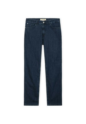 Dunkelblaue Jeans mit geradem Bein, vorne mit Knopfverschluss, zwei Vordertaschen und einer kleinen Münztasche.