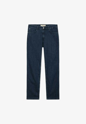Dunkelblaue Jeans mit geradem Bein, vorne mit Knopfverschluss, zwei Vordertaschen und einer kleinen Münztasche.