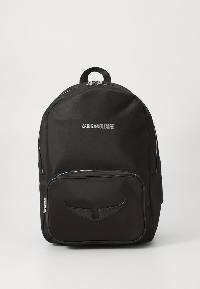Black nylon backpack with a top handle, front zipper pocket, and embossed wing design. Features branded logo and silver hardware accents.