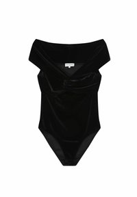 Bodysuit noir en velours, décolleté bardot avec un détail de nœud torsadé au niveau de la poitrine et une silhouette ajustée.