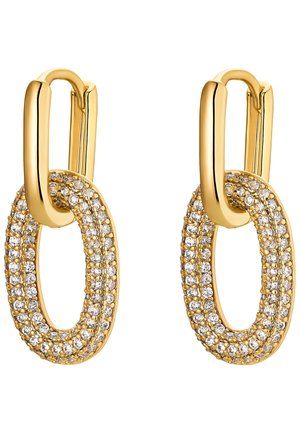 Boucles d’oreilles créoles en or avec pendentifs ovales incrustés de plusieurs rangées de petites pierres claires scintillantes.