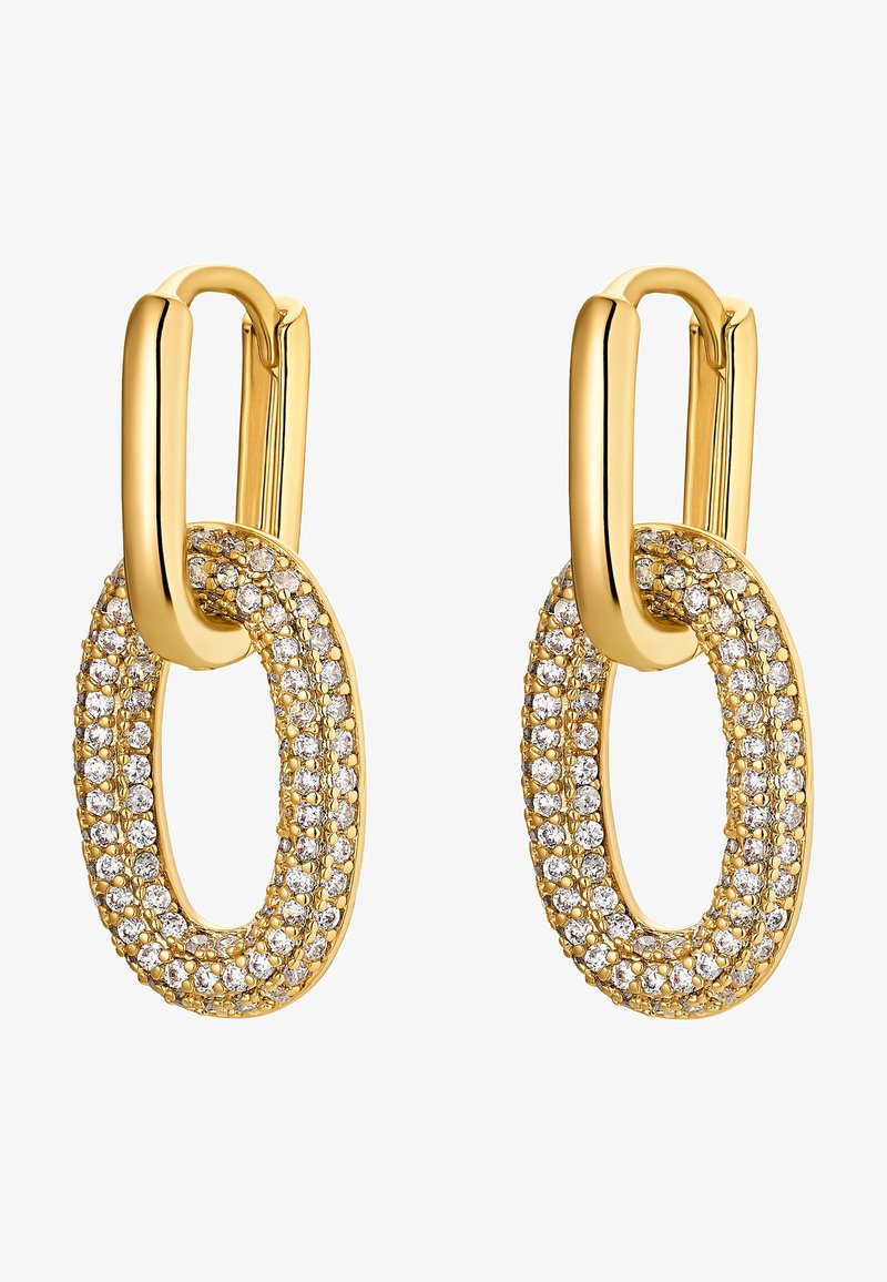 Boucles d’oreilles créoles en or avec pendentifs ovales incrustés de plusieurs rangées de petites pierres claires scintillantes.