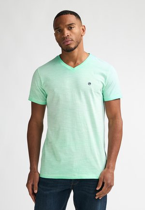 Mintgroen T-shirt met korte mouwen en V-hals, gemaakt van een lichtgewicht stof, met een klein logo op de linkerborst.