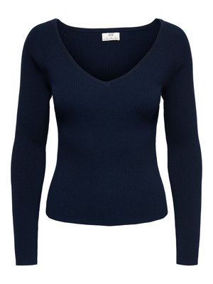 Pulover bleumarin din tricot cu cusături verticale, cu mâneci lungi, decolteu în V și talie cambrată, cu etichetă JDY.