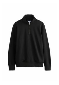 Sort sweatshirt med høj krave og halv-længde lynlås, lavet af et blødt materiale. Har elastiske mansjetter og kant for et tætsiddende look.