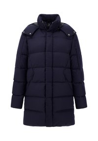 Námorně modrý péřový kabát s vysokým límcem, prošívaným vzorem, patentkami na ramenou a bočními kapsami. Vyrobeno z vodoodpudivého materiálu.