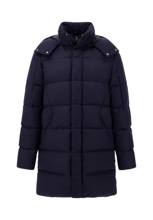 Granatowy puchowy płaszcz z wysokim kołnierzem, pikowanym wzorem, zatrzaskami na ramionach oraz bocznymi kieszeniami. Wykonany z wodoodpornego materiału.