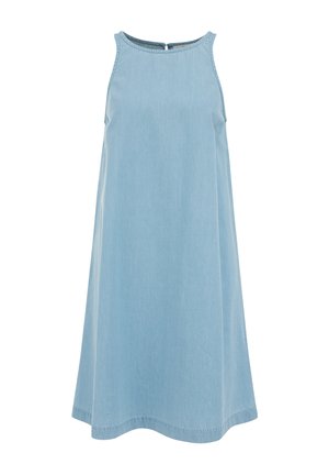 Lichtblauwe denim jurk met een losse pasvorm, zonder mouwen, ronde halslijn en steekdetails. Voorzien van een knoopsluiting aan de achterkant.