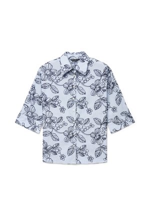 Hellblaues Hemd mit Knopfleiste, dunkelblauem Blumenmuster und dünnen weißen vertikalen Streifen, ausgestattet mit Kragen und dreiviertellangen Ärmeln.