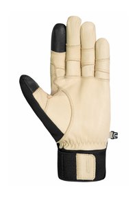 Tan-farbenen Lederhandschuh mit schwarzen Fingerspitzen, elastischem Handgelenksverschluss und gepolstertem Handflächenbereich. Verfügt über verstärkte Nähte und strukturierte Griffflächen.