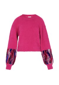 Fuzzy roze trui met lange mouwen, voorzien van een textuurdesign en kleurrijke sequin-golfpatronen op de mouwen. Cropped lengte.