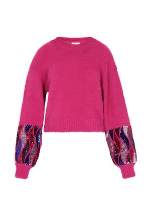 Flauschiger pinker Pullover mit langen Ärmeln, der ein strukturiertes Design und bunte Pailletten-Wellenmuster an den Bündchen aufweist. Verkürzte Länge.