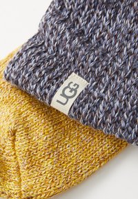 Two knit beanies stacked together; one is dark blue with mixed strands, and the other is yellow with a textured pattern. A label is visible.