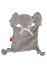 Gray plush toy shaped like an elephant, featuring floppy ears, a knotted body, and colorful flecks. Soft fabric and tied accents.