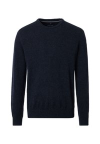 Marineblaue Rundhals-Strickjacke aus weichem Strickstoff, mit langen Ärmeln und ribbeltem Saum. Schlichtes Design ohne sichtbare Muster oder Metallteile.