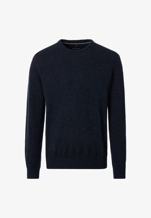 Navy blue crewneck sweater made of soft knit fabric, featuring long sleeves and a ribbed hem. Simple design with no visible patterns or hardware.