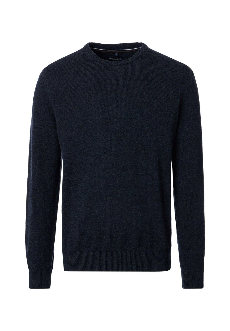 Marineblaue Rundhals-Strickjacke aus weichem Strickstoff, mit langen Ärmeln und ribbeltem Saum. Schlichtes Design ohne sichtbare Muster oder Metallteile.