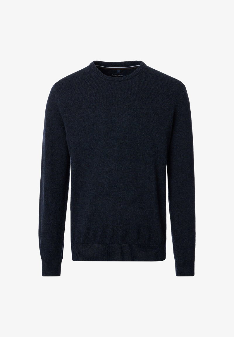 Marineblaue Rundhals-Strickjacke aus weichem Strickstoff, mit langen Ärmeln und ribbeltem Saum. Schlichtes Design ohne sichtbare Muster oder Metallteile.