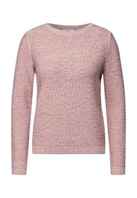 Maglione lavorato a maglia di colore rosa chiaro con un motivo texturizzato e a macchie. Collo rotondo e maniche lunghe, con polsini e orlo a costine.