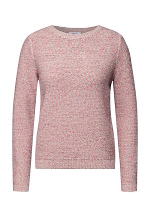 Pull en tricot rose clair avec un motif texturé et moucheté. Encolure ronde et manches longues, avec des poignets et un ourlet côtelés.