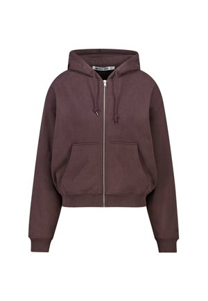 Cropped hooded zip-up sweatshirt in dark brown fabric, featuring front pockets, drawstring, and ribbed cuffs and hem.
