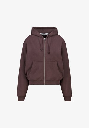 Cropped hooded zip-up sweatshirt in dark brown fabric, featuring front pockets, drawstring, and ribbed cuffs and hem.