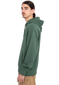 Sudadera verde de algodón con mangas largas, capucha ajustable con cordón, bolsillo frontal, y puños y dobladillo acanalados.