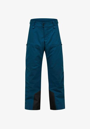Herren-Skihosen in dunklem Türkis, aus wasserabweisendem Material gefertigt. Mit weiten Beinen, Knieflicken und kontrastierenden schwarzen Akzenten.
