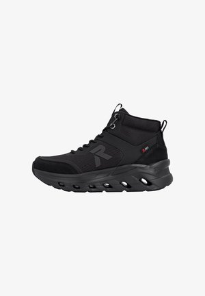 Black mid-top athletic shoe with thick sole, mesh and synthetic upper, pull tabs, and branded "R" on side with R-TEX label.
