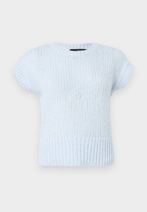 Pull court à manches courtes en maille bleu clair avec un col rond. Comprend un ourlet côtelé et un tissu texturé avec une apparence douce et duveteuse.