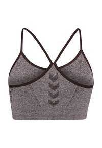 Top sportivo marrone in heather con design a incrocio sulla schiena, caratterizzato da motivi a chevron testurizzati e un bordo a contrasto lungo i lati.