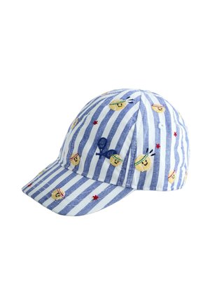 Blå og hvid stribet kasket med broderede smilende ansigter med pandebånd og små røde stjerner spredt over stoffet.