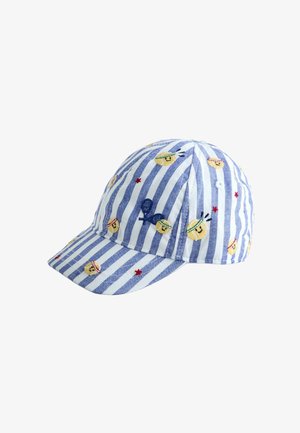 Blå og hvid stribet kasket med broderede smilende ansigter med pandebånd og små røde stjerner spredt over stoffet.