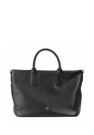 Borsa a tracolla in pelle nera con manici superiori doppi, chiusura con zip, texture liscia e design minimalista. Presenta un logo in rilievo sulla parte anteriore.