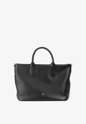 Sac à main en cuir noir avec deux poignées supérieures, fermeture zippée, texture lisse et design minimaliste. Présente un logo embossé à l'avant.