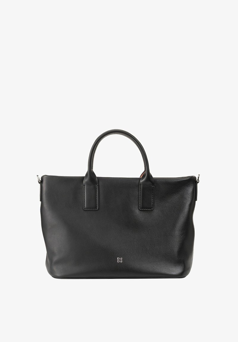 Black leather handbag with dual top handles, zip closure, smooth texture, and minimalistic design. Features embossed logo on the front.