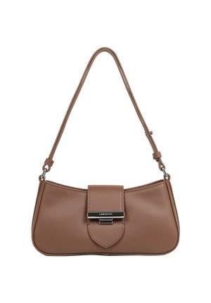 Brown leather shoulder bag with a curved rectangular shape, adjustable strap, and silver-toned buckle closure on front flap.