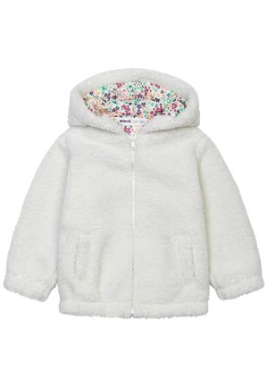 Veste blanche à capuche duveteuse avec fermeture éclair à l'avant, deux poches, et doublure intérieure colorée à motifs floraux dans la capuche.