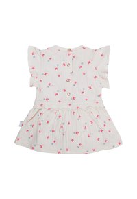 Robe en coton avec de courtes manches volantées, fond crème, et imprimés d'oiseaux rouges et bleus. Présente une fermeture à boutons dans le dos et une jupe froncée.