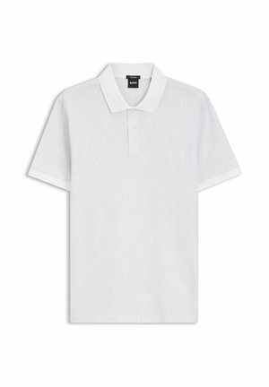 Polo blanc à manches courtes avec un motif abstrait ton sur ton subtil et une étiquette BOSS noire à l'intérieur du col.