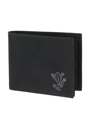 Portefeuille bi-fold noir avec un petit motif de contour de grenouille blanche dans le coin inférieur droit du côté avant.