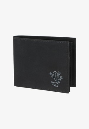 Black bi-fold wallet with a small white frog outline design in the lower right corner on the front side.