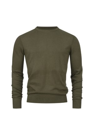 Olijfgroen, lange mouw, ronde hals trui met geribbelde manchetten en zoom, weergegeven op een witte achtergrond.