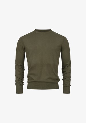Olivgrüner Pullover mit Rundhalsausschnitt und langen Ärmeln, mit gerippten Bündchen und Saum, auf weißem Hintergrund dargestellt.