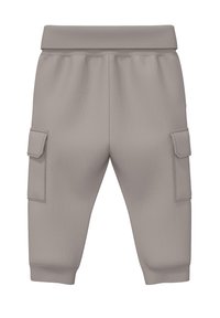 Graue Cargo-Hosen mit einer strukturierten Oberfläche, elastischem Bund und gerippten Bündchen. Verfügt über zwei seitliche Taschen mit Klappen.