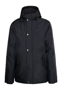 Parka nera con cappuccio, bottoni a pressione frontali, due tasche laterali e dettagli con cordino. Il tessuto ha una finitura liscia e opaca.
