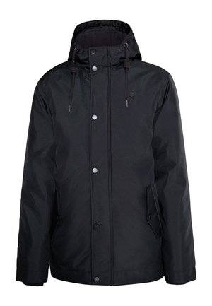 Parka nera con cappuccio, bottoni a pressione frontali, due tasche laterali e dettagli con cordino. Il tessuto ha una finitura liscia e opaca.