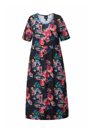 Blumenkleid mit kurzen Ärmeln, schwarzem Hintergrund, bunten Mustern in Pink, Blau und Grün, tailliertem Oberteil und ausgestellt geschnittenem, knielangem Rock.